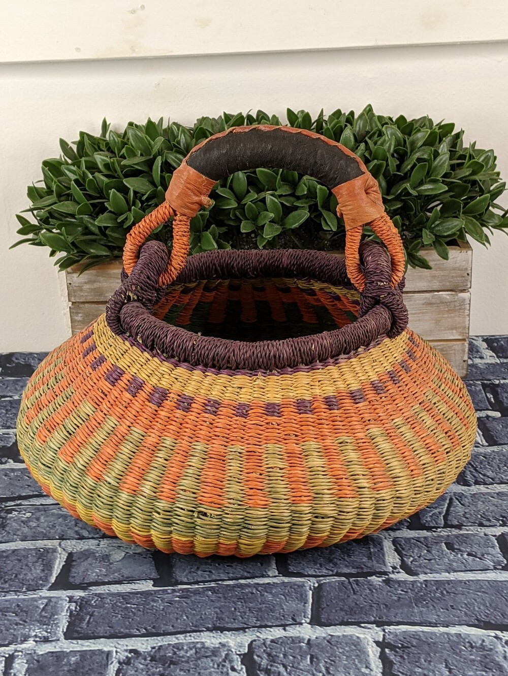 Handwoven African Bolga Basket w/ Wrapped Leather Handle